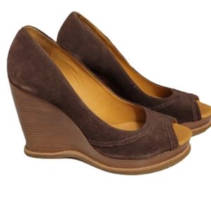 Michael kors brown suede stacked heels peep toe.